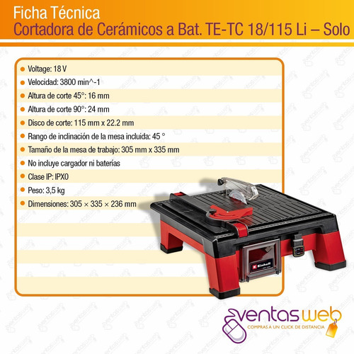 Cortadora Cerámica Inalámbrica Einhell Te-tc 18/115 Li-solo