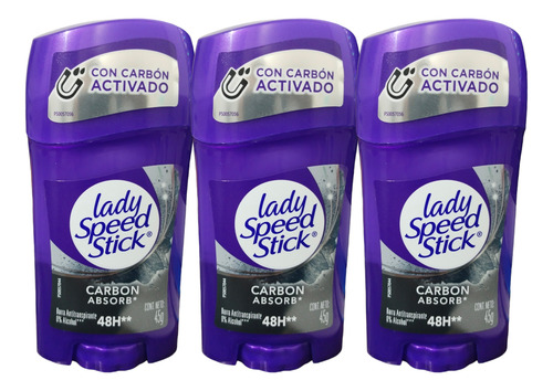 Pack X3 Desodorante Lady Speed Stick Barra Carbon Absorb 45g