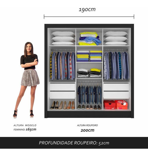 Guarda Roupa Casal Layla 3 Pts 03 Espelhos 4 Gav Preto Cor Preto-fosco