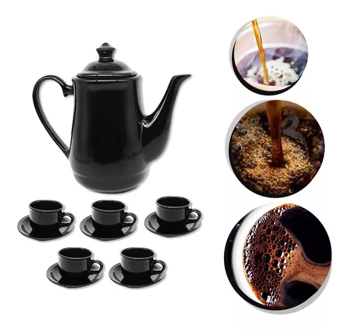 Jogo De Xícaras Com Bule Completo Café Chá Pires 12pcs Preto - R$ 195,04