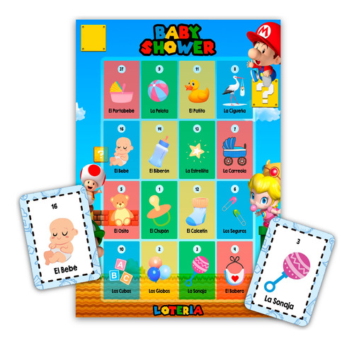 Lotería Baby Shower Mario Bros 80 Tablas Imprimibles Juegos