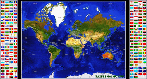 Cuadro Tríptico Mapa Planisferio Satelital Paises Banderas
