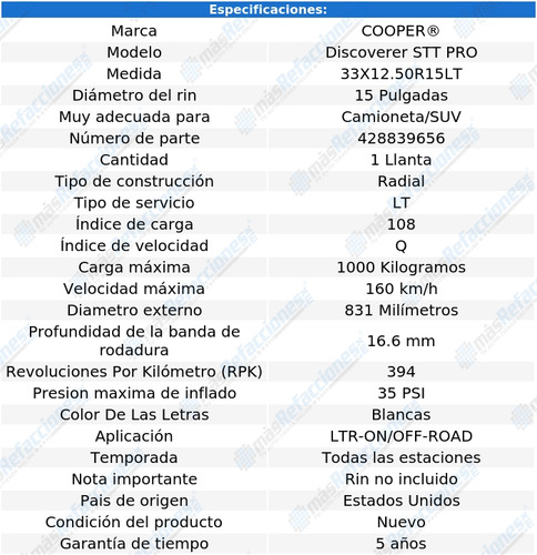 Llanta Cooper 33x12.50r15 Lt Discoverer Stt Pro Rwl 108q Rwl