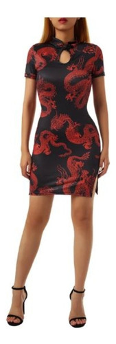 Vestido Chino Mini Corto Qipao Con  Dragones Spandex Gotico