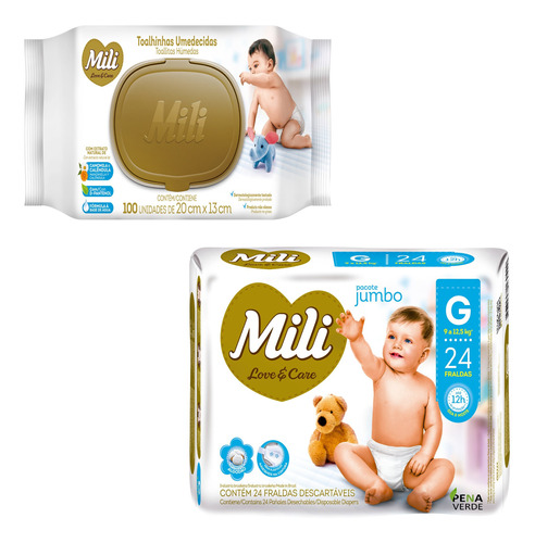 Kit Fralda 12 Horas + Toalhinhas Mili Love & Care Jumbo  