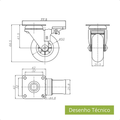 20 Rodizio Giratório 50mm Base Plana 10 Com Freio 50kg Cada
