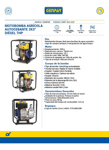 Motobomba Autocebante Diesel 3x3 7hp 