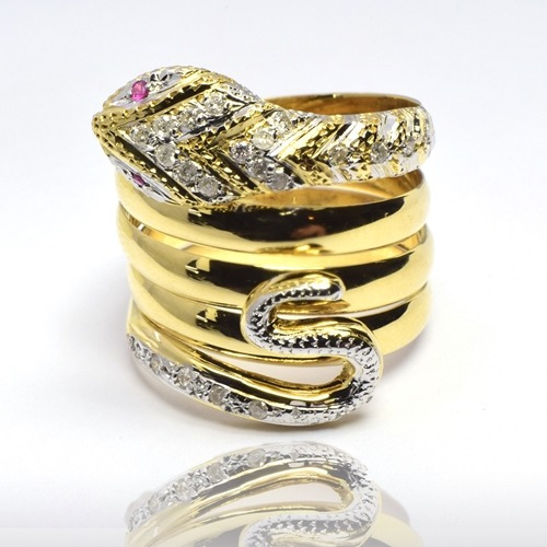 Anel Ouro 18k Cobra Com Diamantes E Rubis Naturais