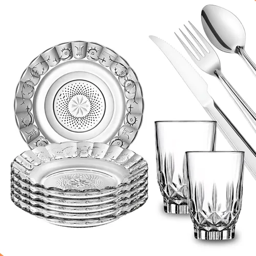 Aparelho De Jantar 30 Peças  - Pratos + Copos + Talheres Inox Transparente 30 Peças