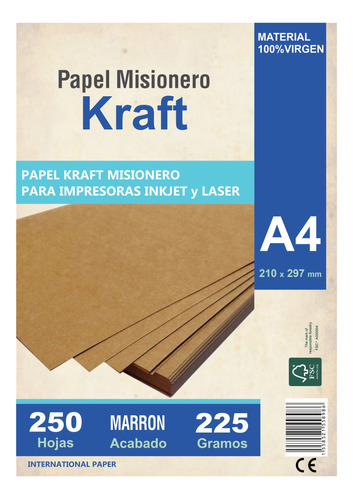 Papel Kraft  Misionero Madera  225 Gr. X250 Hojas Resma A4