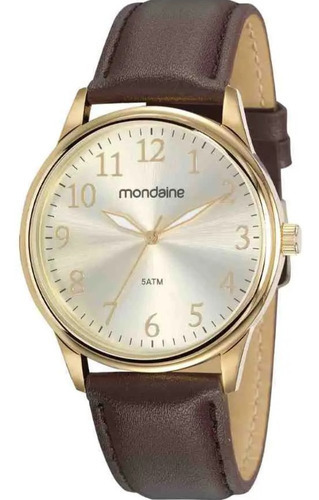 Relógio Masculino Mondaine Pulseira De Couro Original Pulso Cor da correia Marrom Cor do bisel Dourado Cor do fundo Champagne