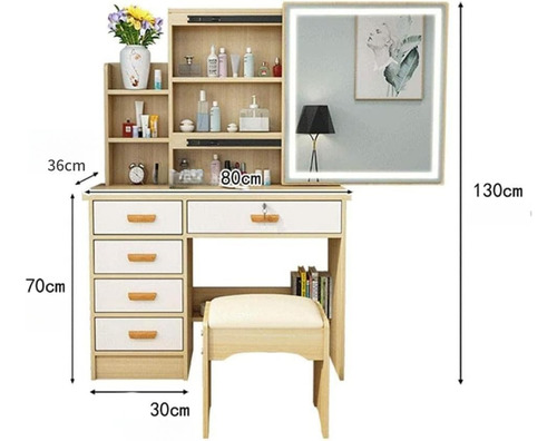 Tocador De Dormitorio Incluye Tabur Con Espejo Led Moderno