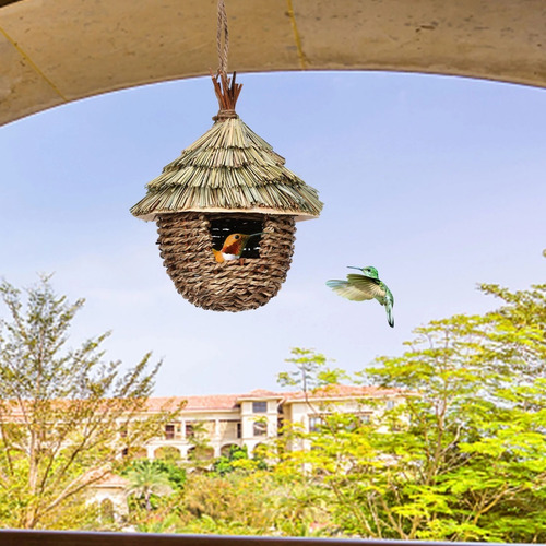 Casa De Colibrí Colgante De Hierba Natural Tejida A Mano