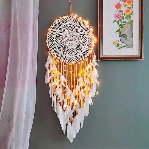 A Atrapasueños Colgante Con Plumas Y Luz Grande 40cm