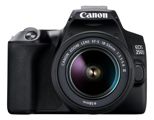 Cámara Canon Eos 250d y lente negra EF-s 18-55 mm
