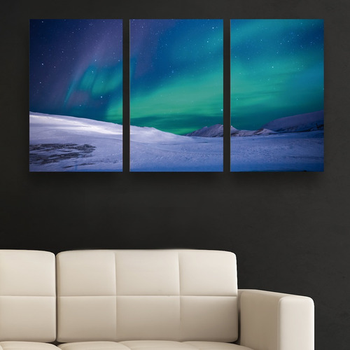 Cuadro Triptico Paisaje Aurora Boreal 72cm X 40cm Art Canvas