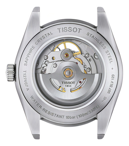 Relógio de pulso analógico Tissot T127.407.11.041.01 para homem, fundo azul, com pulseira de aço inoxidável prateado, bisel prateado e borboleta