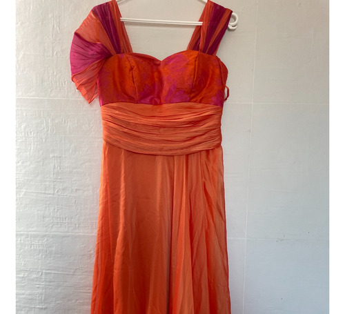 Vestido De Fiesta En Tonos De Naranja Y Fucsia Espectacular