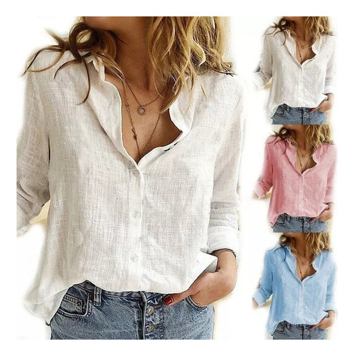 Camisa Casual Camisa Suelta De Manga Larga De Lino