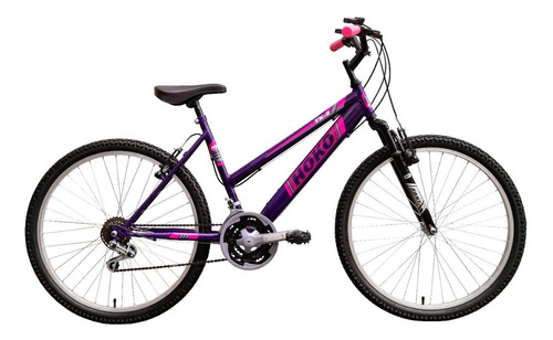 Mountain bike femenina Hoko Todo Terreno MTB  2022 R26 18v frenos v-brakes cambios Power color violeta con pie de apoyo