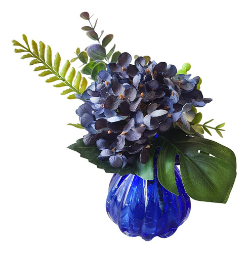 Buquê Flores Artificiais Hortênsias No Vaso Murano Azul