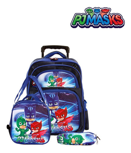 Kit Mochila Escolar Infantil Pj Masks Azul Com Rodinhas