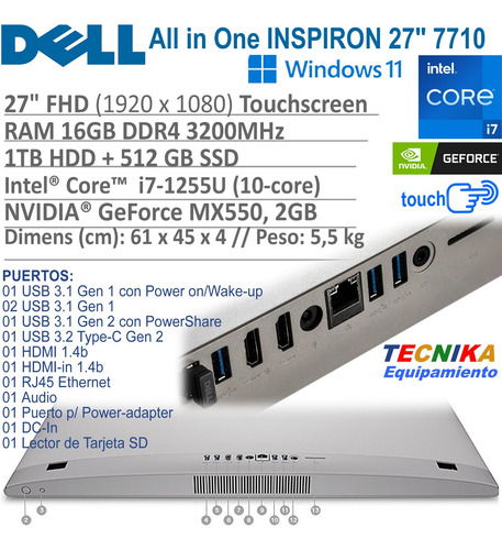 Imagen 6 de 7 de Dell Inspiron 27' Aio Touch I7 16gb 1tb 512gb Nvidia Mx550
