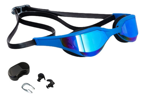 Gafas de natación PRO para piscina y protector de nariz y orejas de color azul