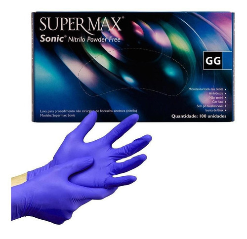 Luva Nitrílica Azul Sonic Extra G Sem Pó Com 100un Supermax Cor Azul Tamanho G