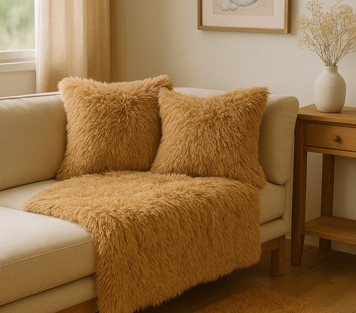 Funda Almohadones Y Manta De Piel Nórdica Beige Piel