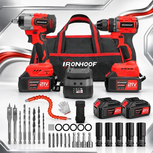Kit Ironhoof Furadeira, Parafusadeira e Chave de Impacto Brushless com Baterias e Acessórios