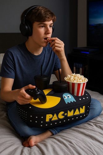 Almohadón Pop-corn Pacman Vasos + Balde Plast. Reutilizable Negro Cine