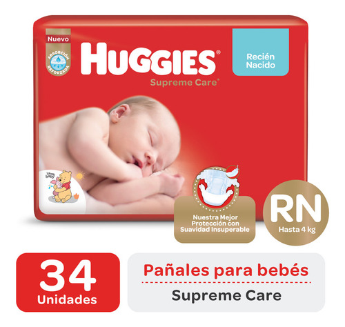 Pañales Huggies Supreme Care Cuidado Superior Rn X 34 Uni