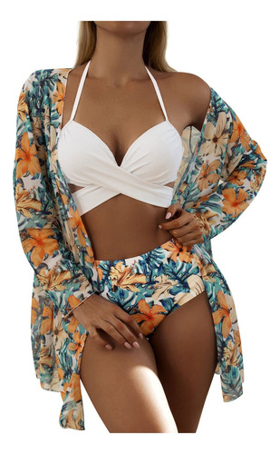 3 Piezas Conjunto De Playa Floral Bikini + Kimono Mujer