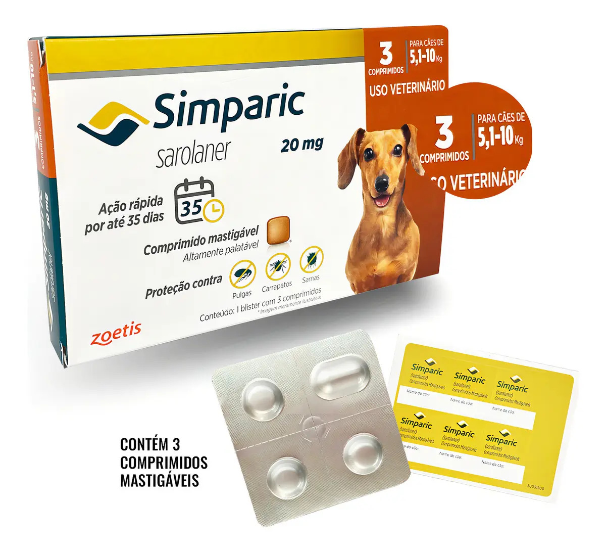 Zoetis Simparic 20mg Antipulgas 3 Comprimidos Para Cães 5-10kg Pulgas e Sarnas