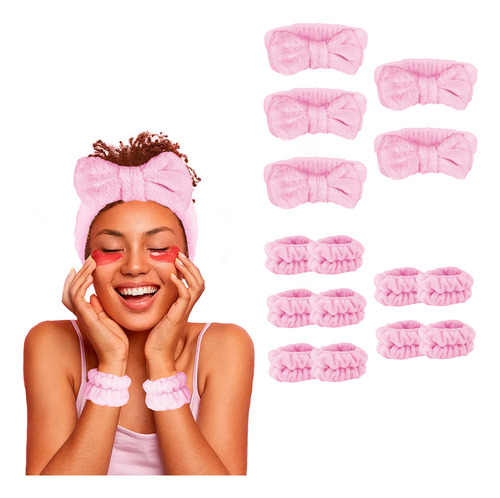 Diler Kit 5 Piezas Diadema Y Muñequeras Para Skincare Maquillaje Mascarilla Spa De Microfibra Moño Color Rosa