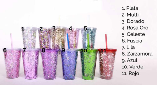 10 Vasos Glitter Con Tapa Y Popote 