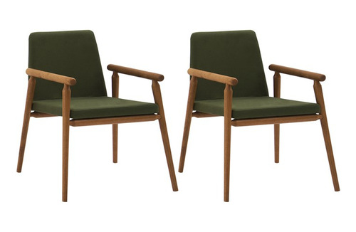 Kit 2 Cadeiras Decorativas Base Madeira F56 Veludo Verde Mil Assento Verde Militar