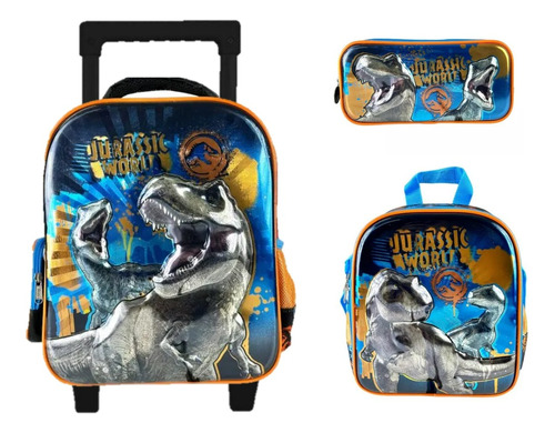 Kit De Mochila Lonchera Y Lapicera Jurassic World Kinder Con Carro Vs1742