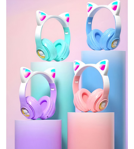 Fone Orelhas Gatinho Infantil Bluetooth Sem Fio Luz Led Cor Verde-claro