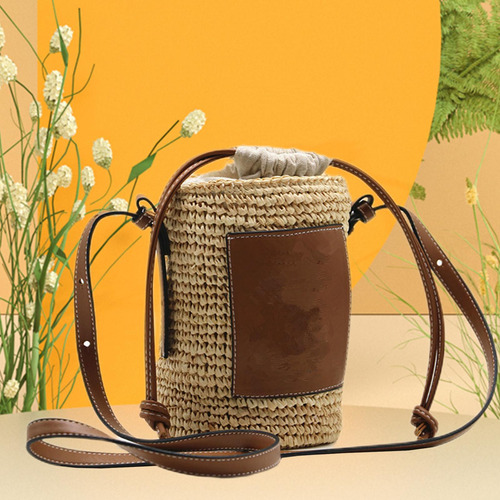 2 Bolso De Paja De Barril Redondo Tejido A
