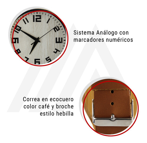 Imagen 5 de 10 de Reloj Madera Correa Cuero Café Con Marcadores Números