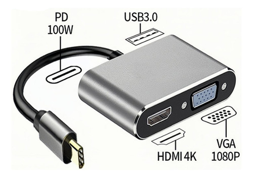 Adaptador Usb C Hub 4 En 1 Hdmi 4k / Vga / Tipo C / Usb 3.0