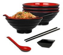 Comprar Vajilla de Melamina Estilo Japones 4 Personas. Incluye Plato Hondo 1.2L, Palillos Reutilizables, Salsero y Cuchara 16 Pzs para Comida China y Asiatica