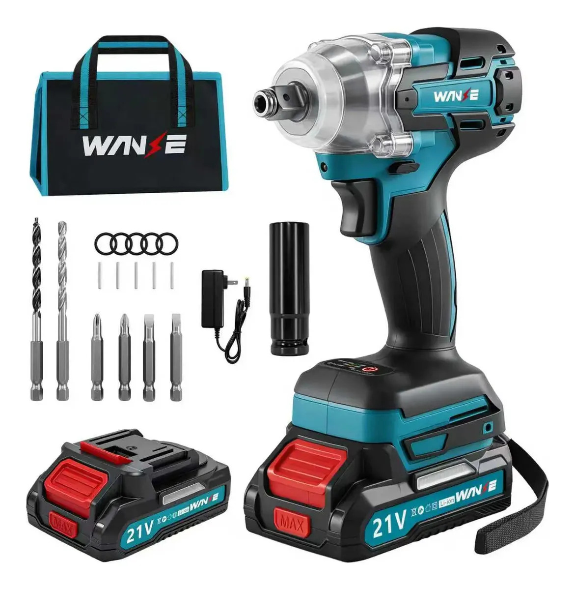 Wanse Impacto Inalámbrica Llave De Eléctrica Pistola Taladros Impacto Destornillador Recargables Profesional Sin Escobillas 21V 1/2 520Nm