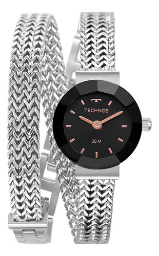 Relógio Technos Feminino Mini Joia Bicolor - 5y20lu/1p Correia Prata Bisel Preto