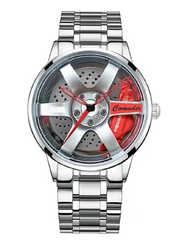 Reloj Llanta De Auto 3d Plateado Con Caliper Rojo