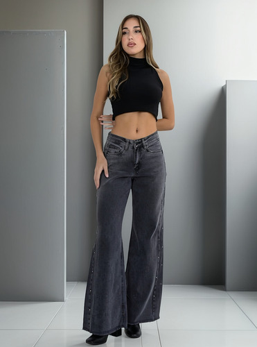 Jean Wide Leg Rígido Tachas Tiro Medio Dama Diva