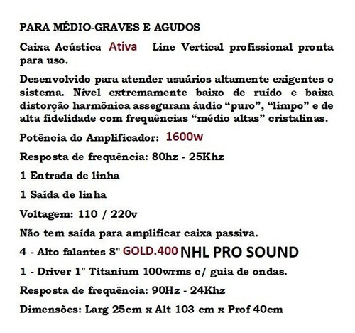 Caixa Line Array Vertical Ativa Profissional 4x8 1800w Top
