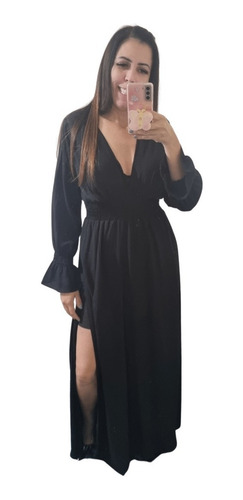 Imagem 1 de 3 de Vestido Longo Feminino Manga Longa Viscolinho Com Fenda